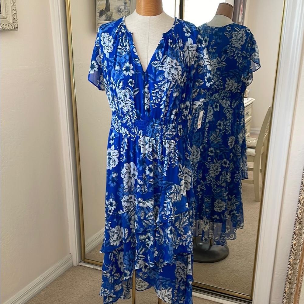London Times Blue Floral High Low Dress